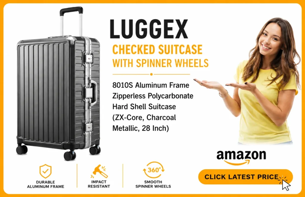 LUGGEX Checked Suitcase with Spinner Wheels, 8010S Aluminum Frame Zipperless Polycarbonate Hard Shell Suitcase
